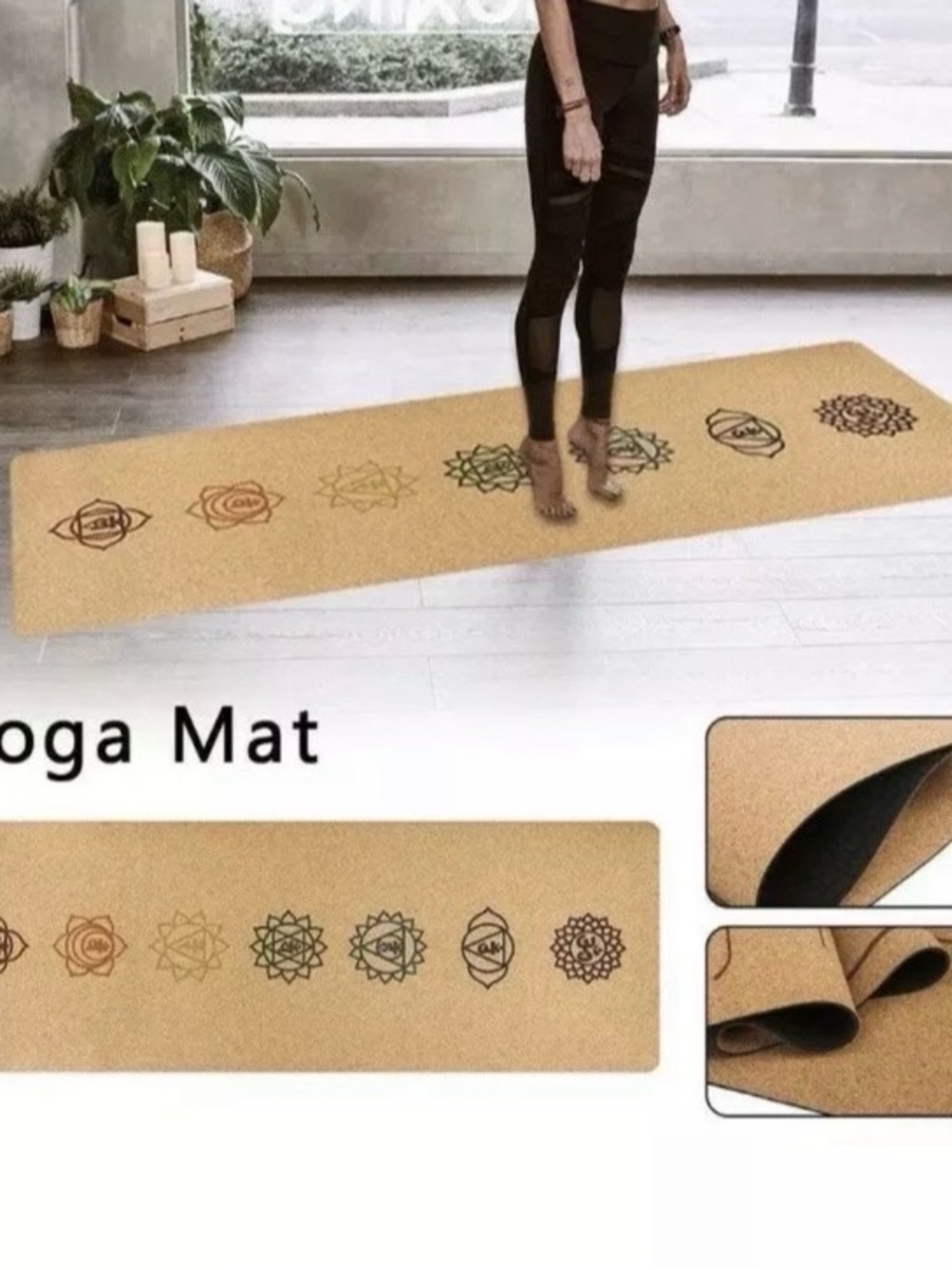 Cork Chakra Yoga Mat - Neutral Tan with Multicolor Chakra Icons